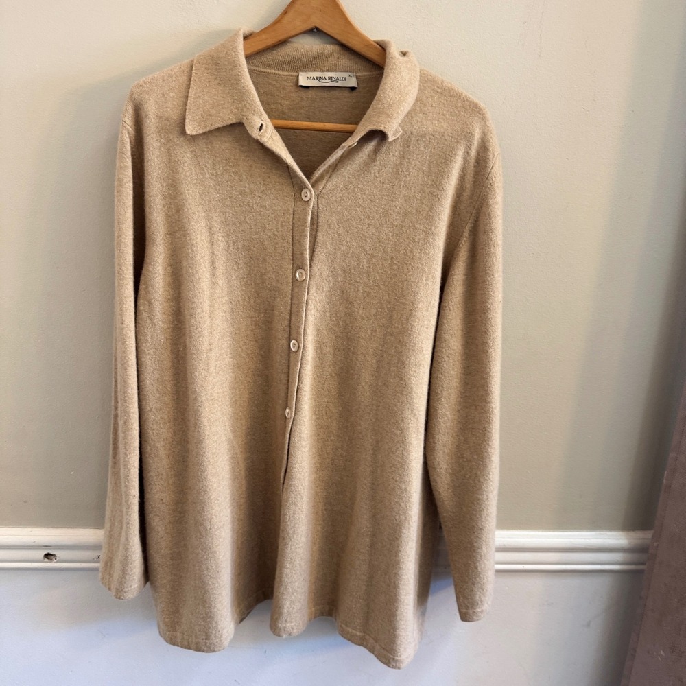 Marina Rinaldi Wool Angora Cardigan Sweater Tan XL Made in Italy Button Up